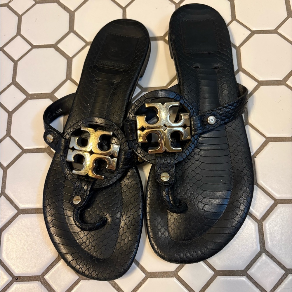 Tory Burch Black Sandals with Gold Emblem